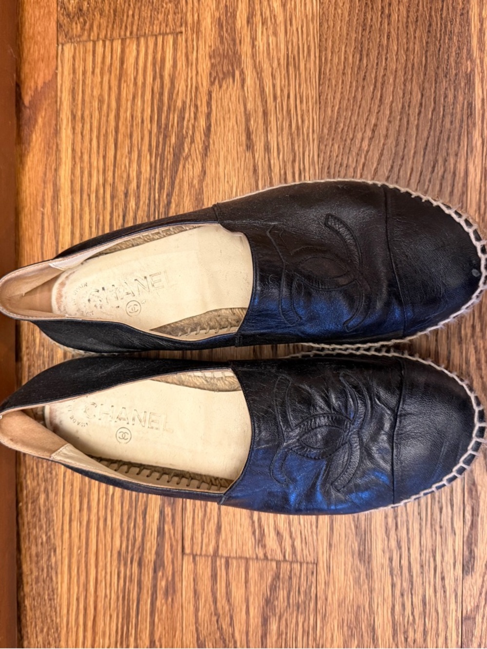 CHANEL Black Leather Espadrille Slip-Ons with CC Stitching